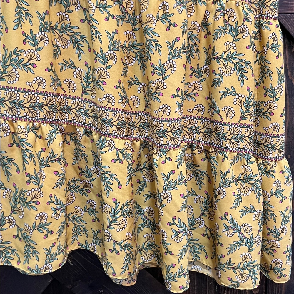Boho Yellow Floral Tiered Maxi Dress M Smocked Flowy Romantic Euro Summer Chic - Picture 12 of 14